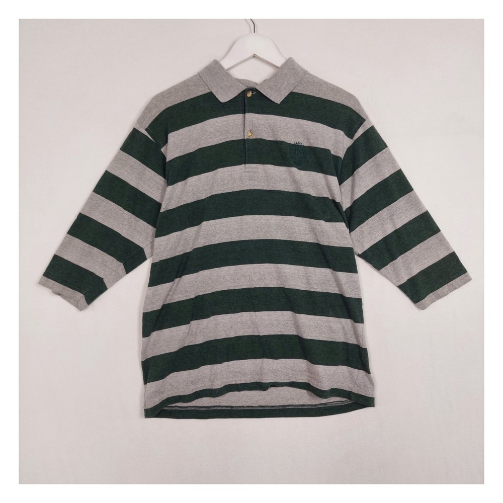 BOSS Styled by Hugo Boss Striped Long Sleeve Polo Shirt Green Grey Vintage 3147